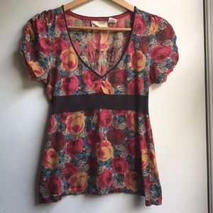 Anthropologie Guinevere Floral Cotton Blouse Low V